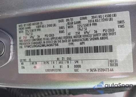 2021 Ford Escape Se из США, поврежденный, VIN 1FMCU9G62MUA96756